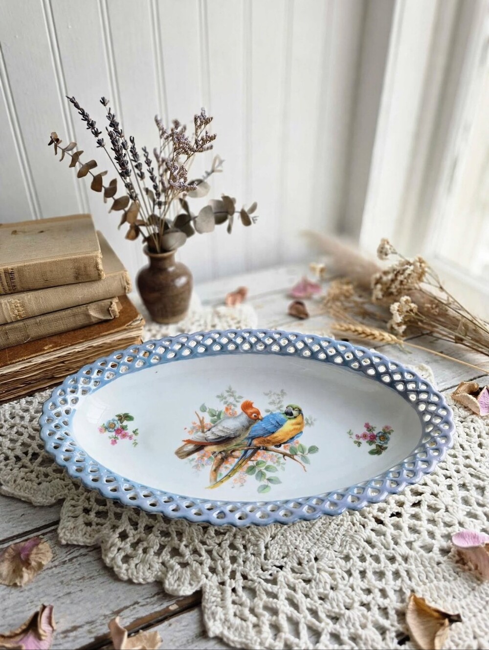 Vintage Schumann Bavaria Porcelain Reticulated Oval Centerpiece Bowl Parrots